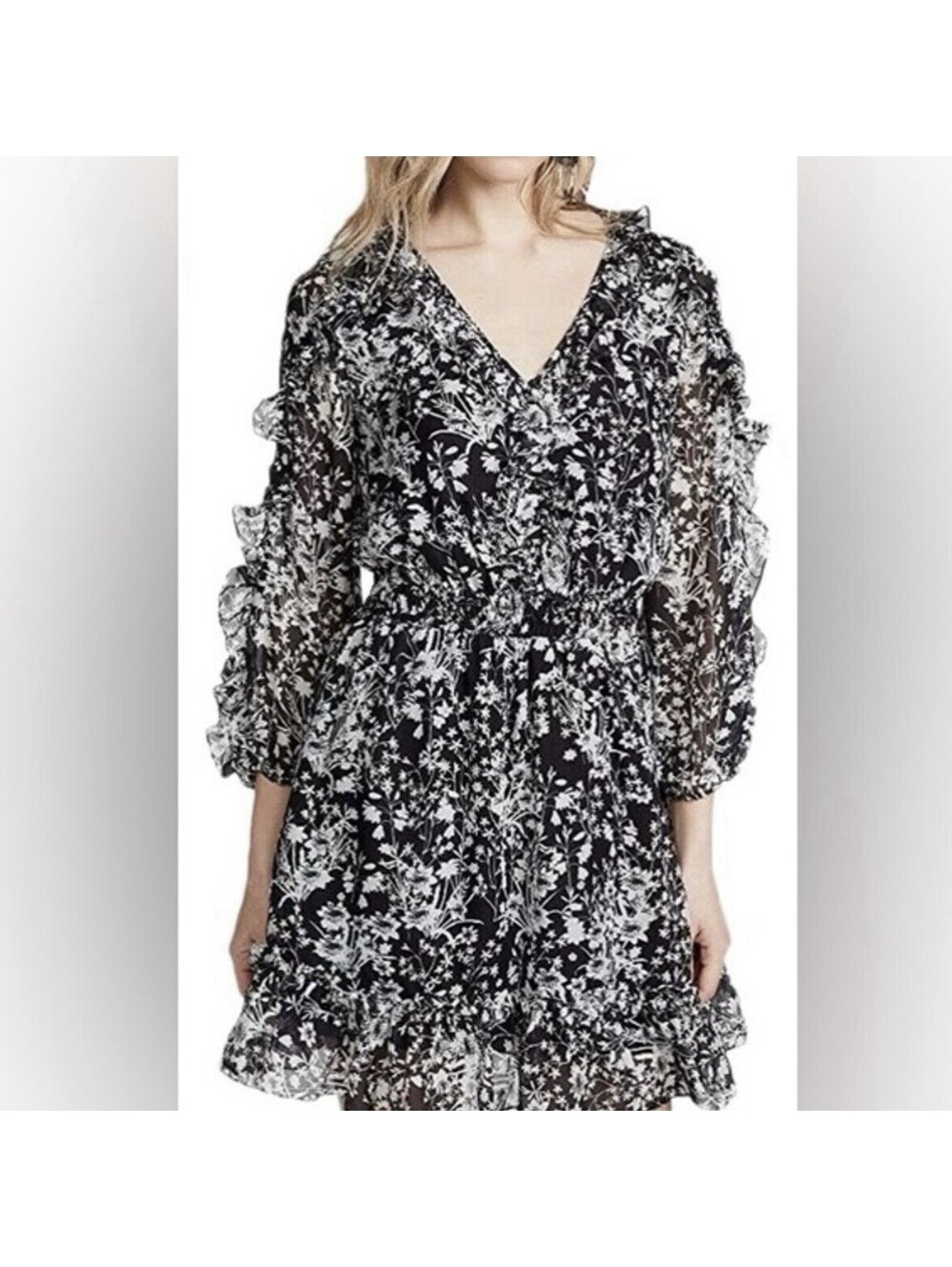 Shoshanna Silk Prison Floral Print V- Neck Ruffle Trim Dress